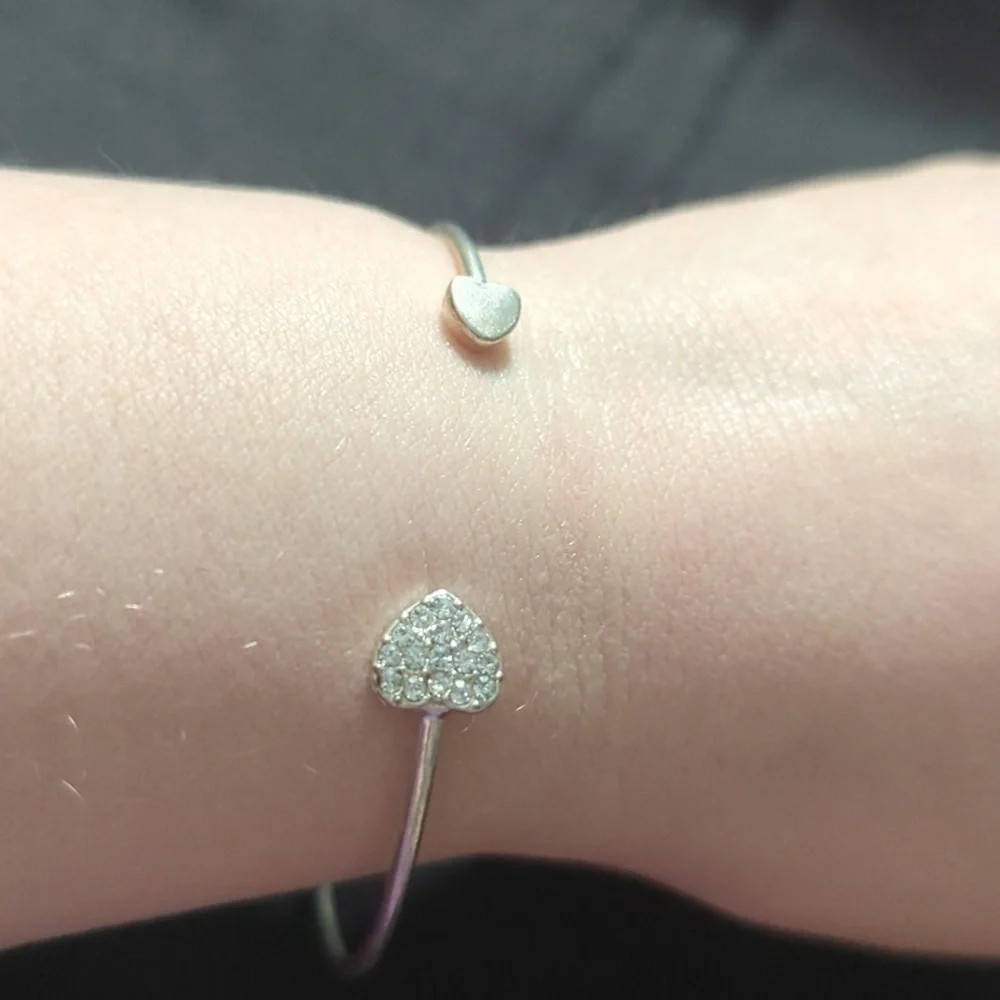 Silver Tone Clear Rhinestone Heart Cuff Bangle Statement Bracelet